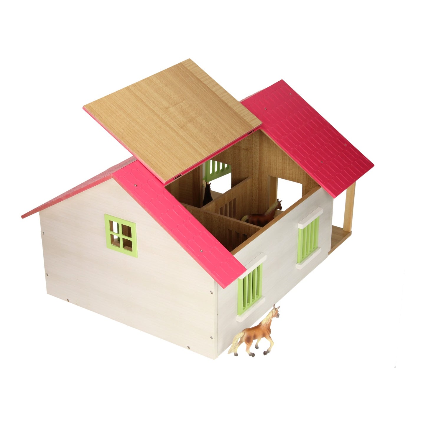 Kids Globe Paardenstal roze met 2 boxen en berging, 1:24