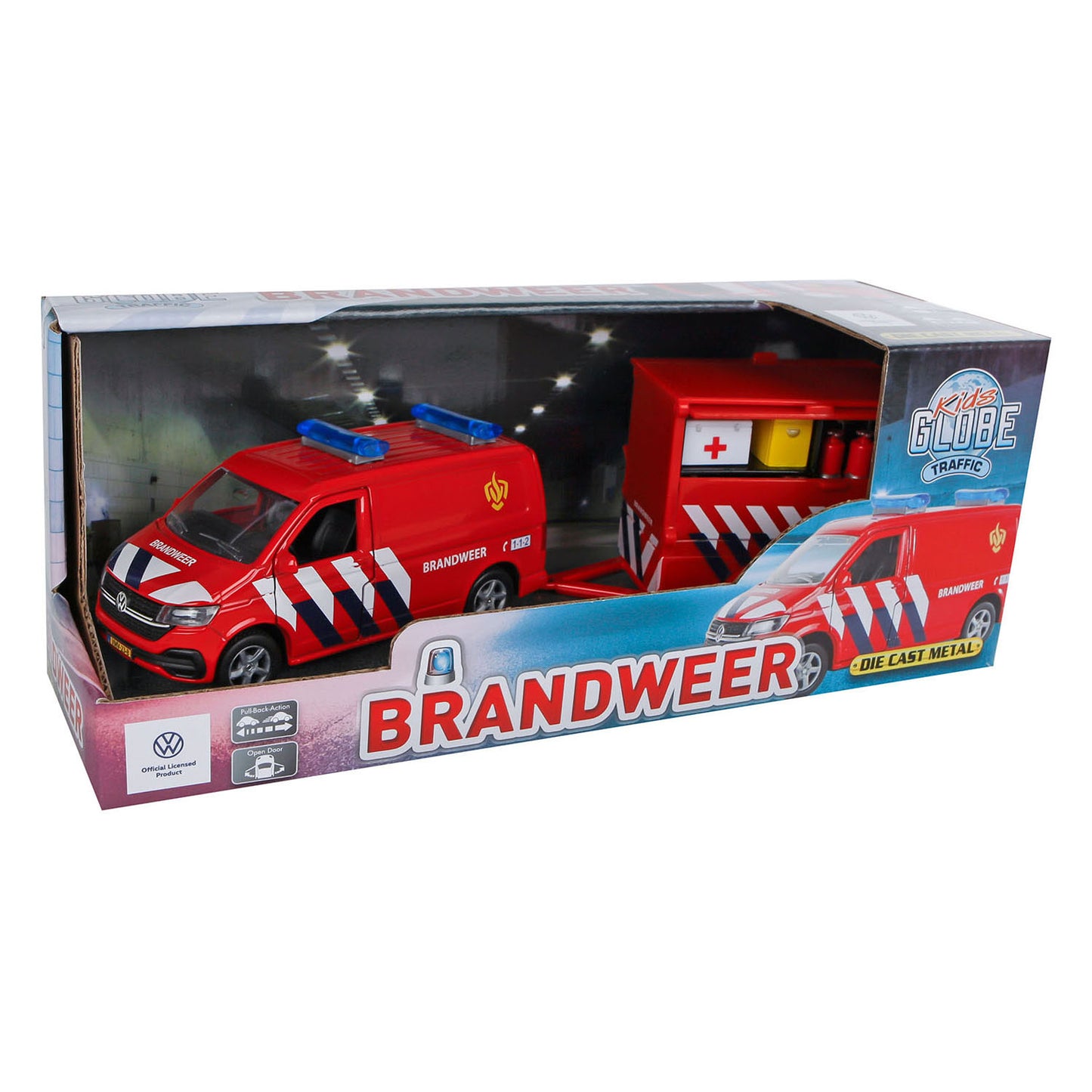 Kids Globe Vw transporter brandweer met aanhanger