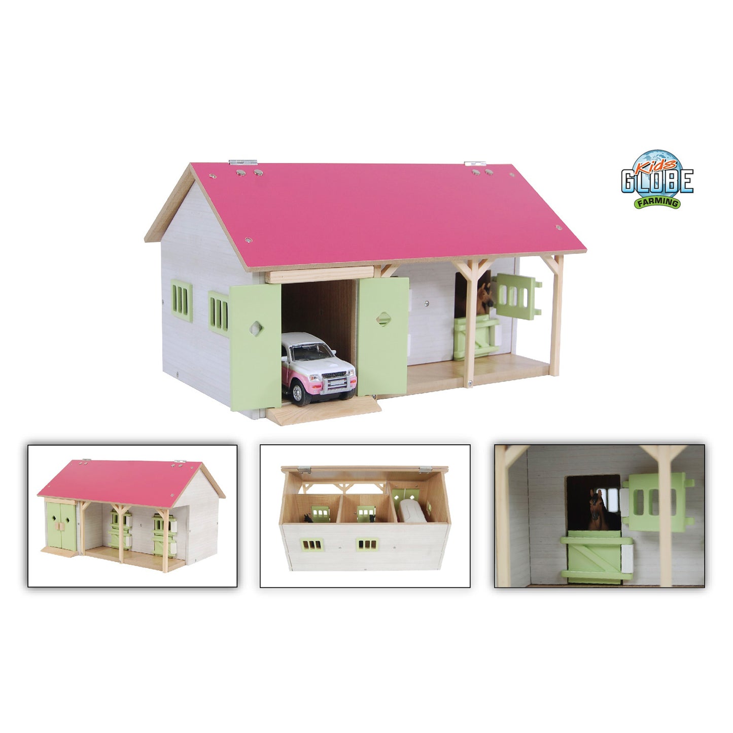 Kids GLOBE paardenstal roze met 2 boxen en berging 1:32