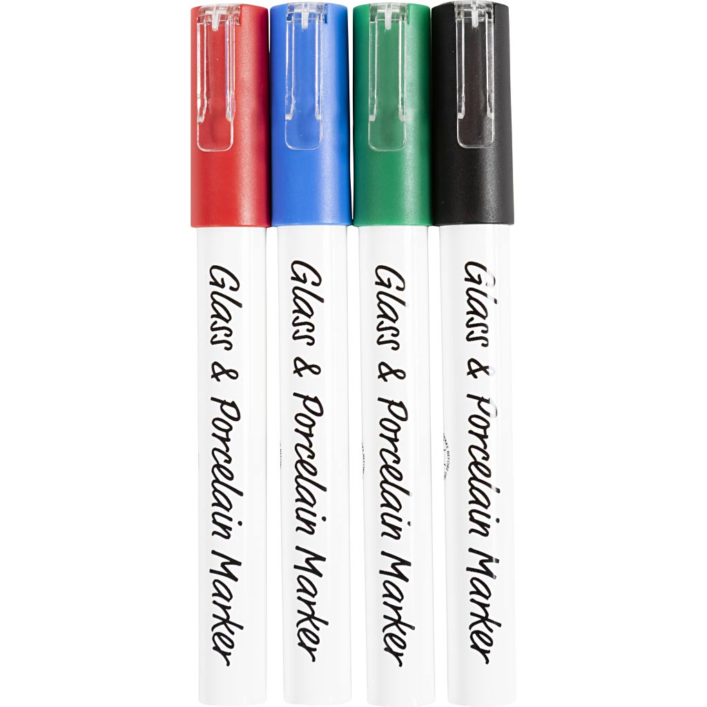 Creativ Company Https: www.cchobby.nl glas-porseleinstiften-lijndikte-1-2-mm-semi-dekkend-zwart-blauw-groen-rood-4-stuk-1-doos