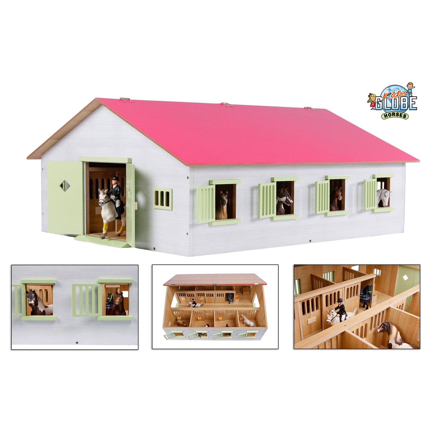 Kids GLOBE paardenstal roze met 7 boxen, 1:24