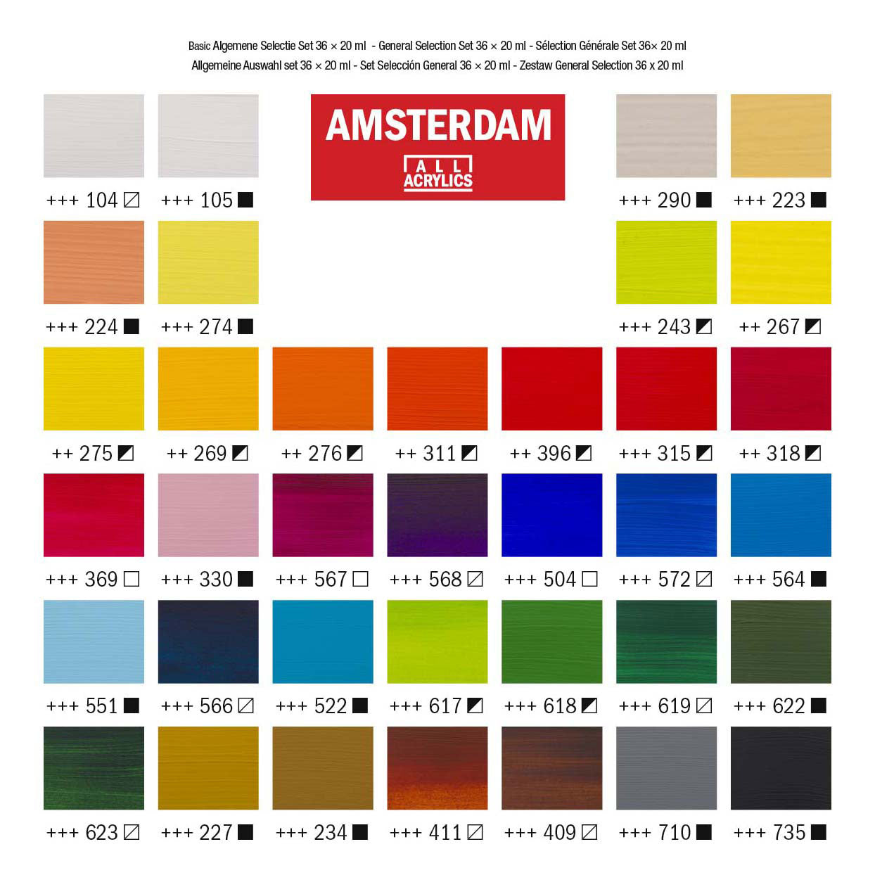 Bruynzeel Amsterdam standard series acrylverf algemene selectie set 20ml, 36dlg.