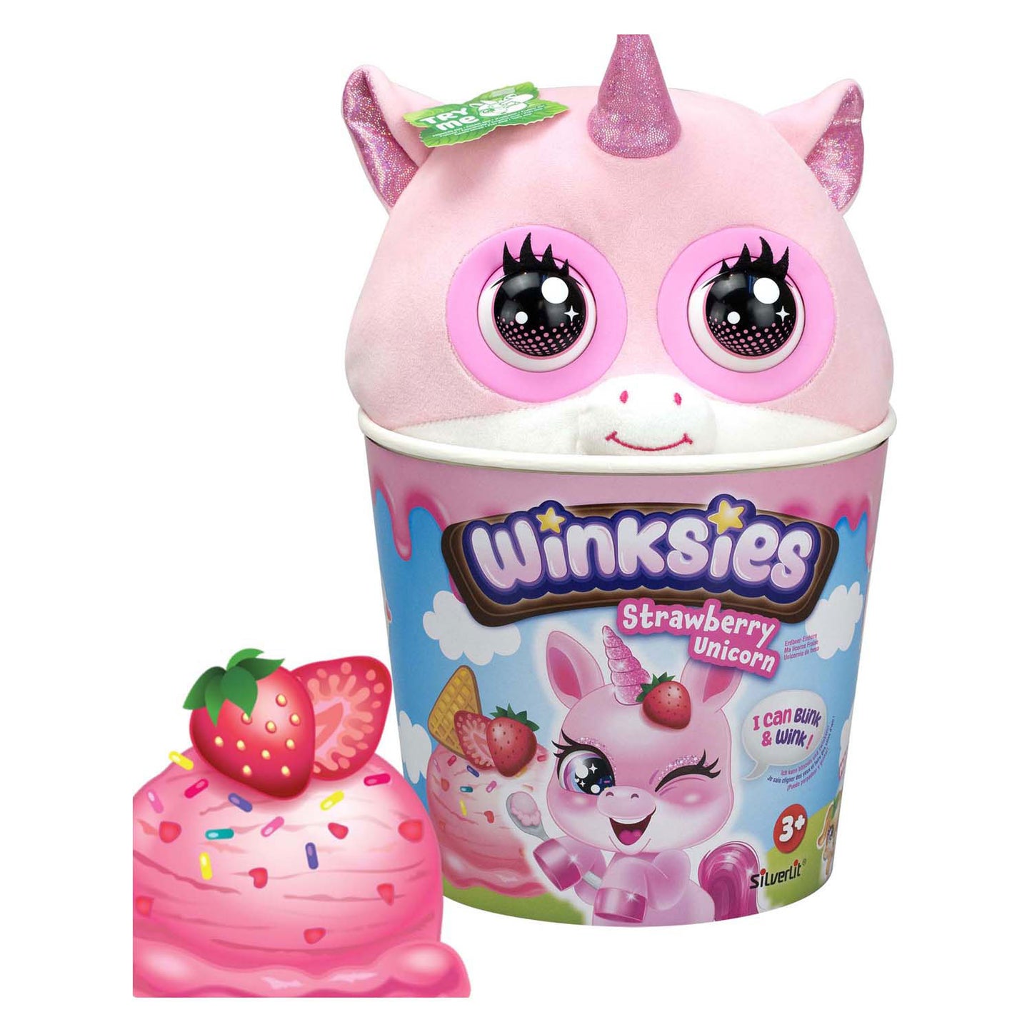Silverlit Winksies strawberry unicorn - interactieve knuffel in een ijsbeker