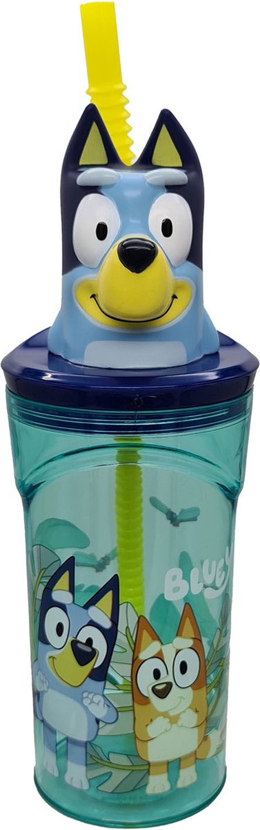 Stor Bluey drinkbeker met rietje – 360 ml – herbruikbaar – met 3d-figuur – bpa-vrij – tumbler voor kinderen vanaf 4 jaar – transparant blauw