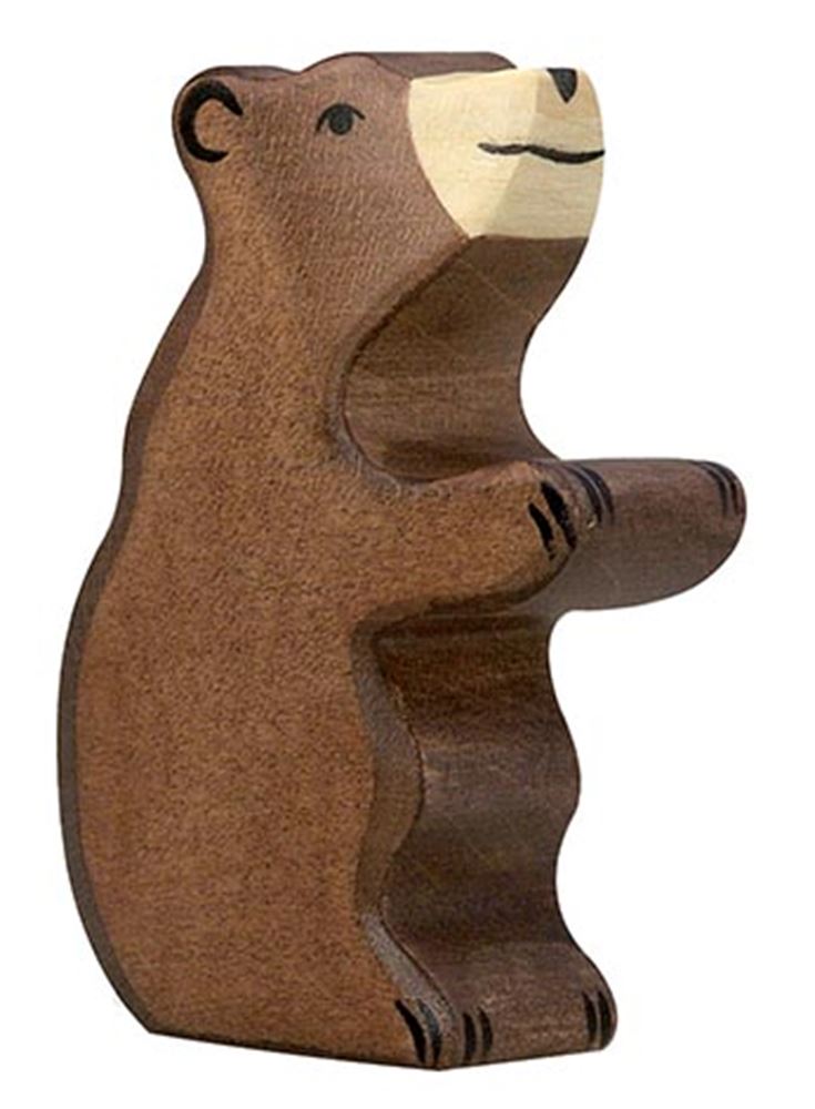 Holztiger Bruine beer, klein, zittend.