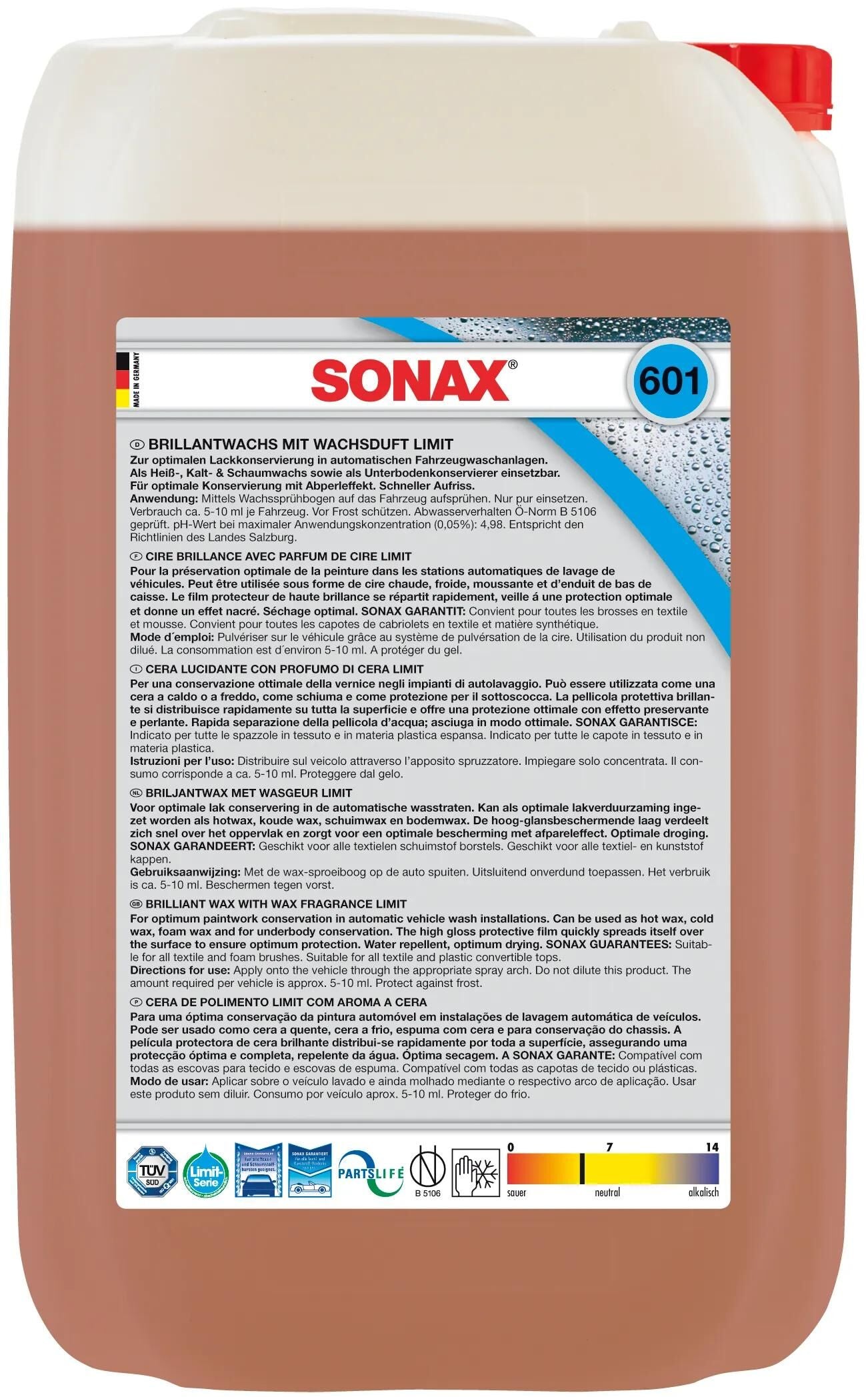 SONAX reinigungszusatz brillantwachs mit wachsduft brilliant wax limit 25 25 l cubitainer