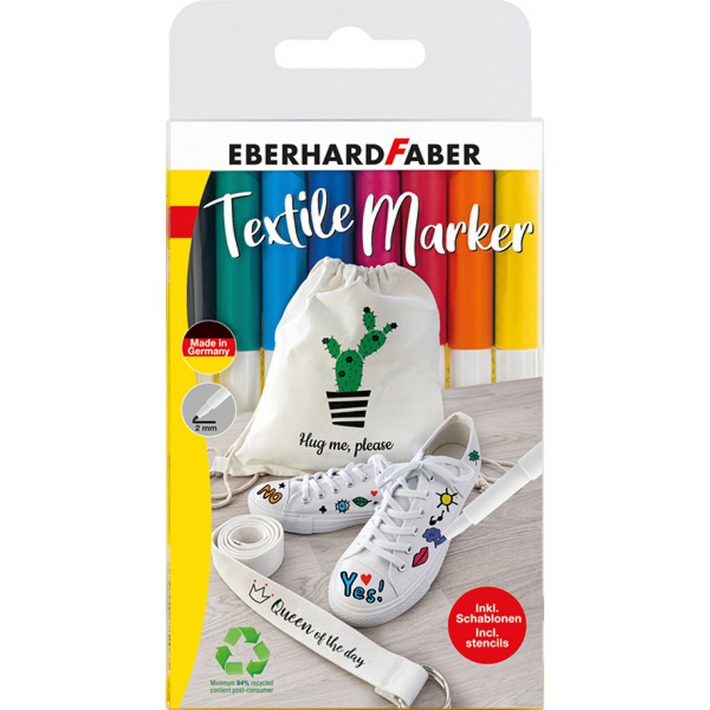Eberhard Faber textielmarker 8 stuks in etui + 4 stencils met sjablonen