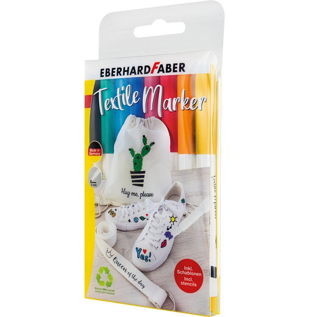 Eberhard Faber textielmarker 8 stuks in etui + 4 stencils met sjablonen