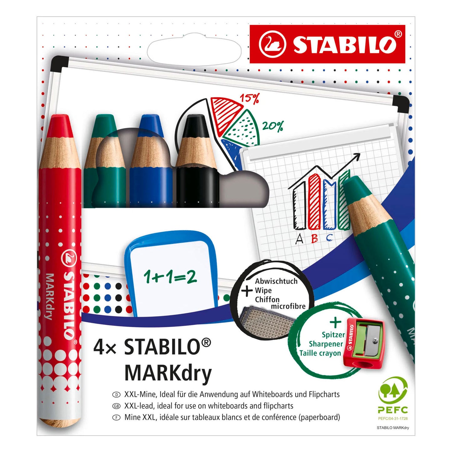 STABILO markdry set van 4 whiteboard potloden, puntenslijper en reinigingsdoekje