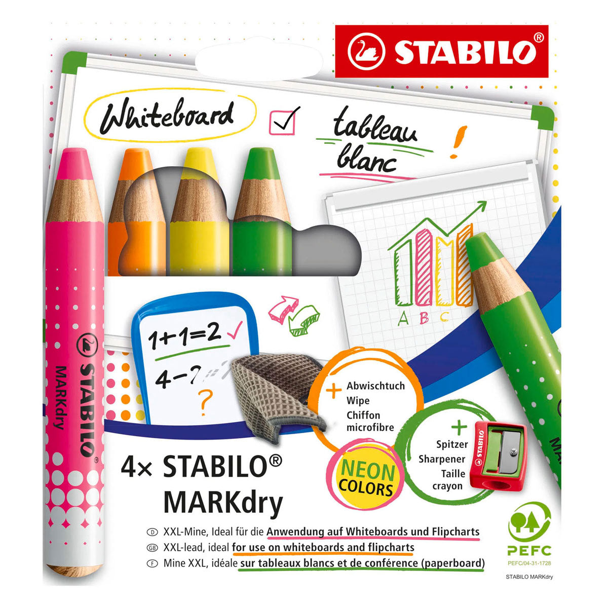 STABILO markdry neon set van 4 whiteboard potloden, puntenslijper en reinigingsdoekje