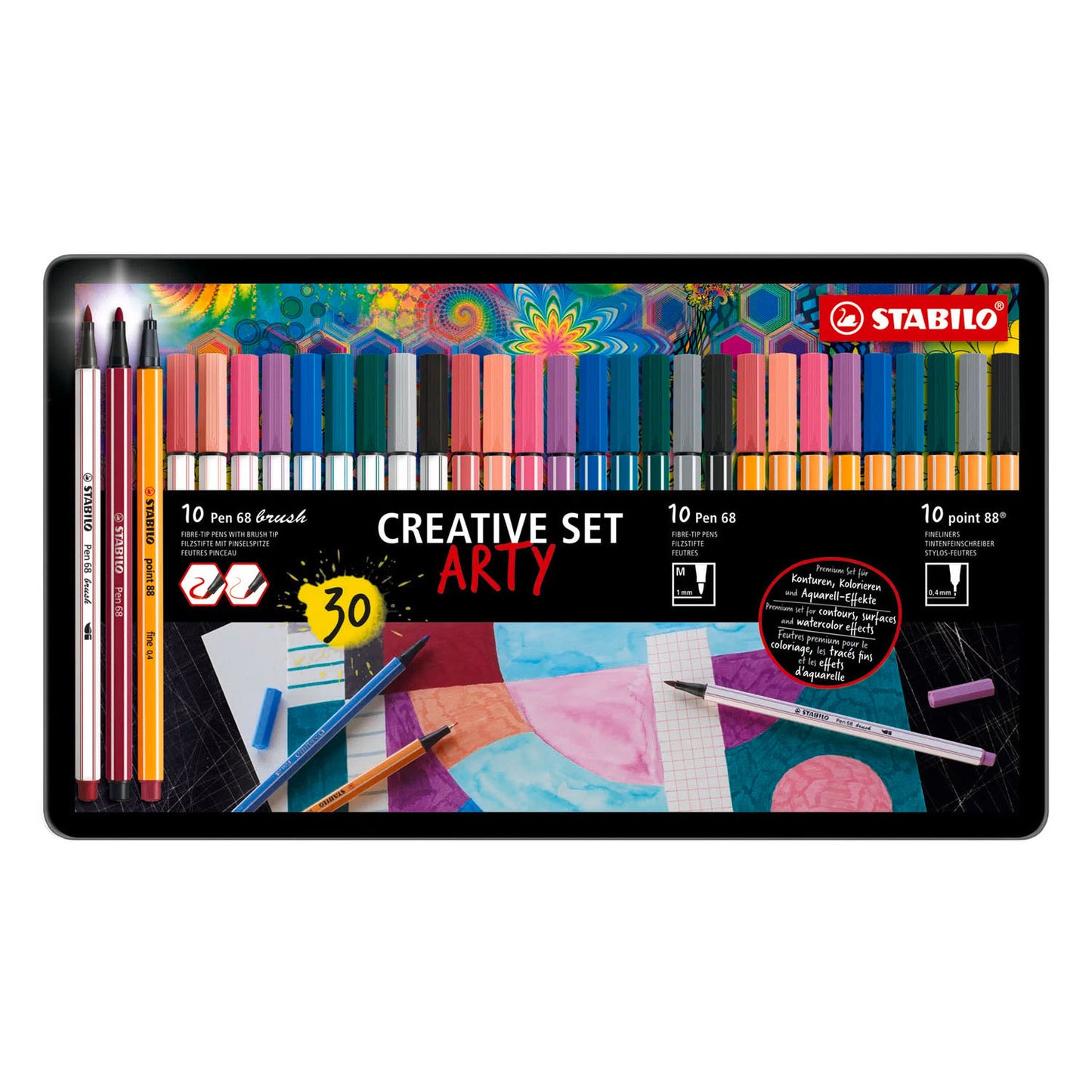 STABILO arty creative set pen 68 stiften en point 88 fineliners in metalen etui - 30dlg.