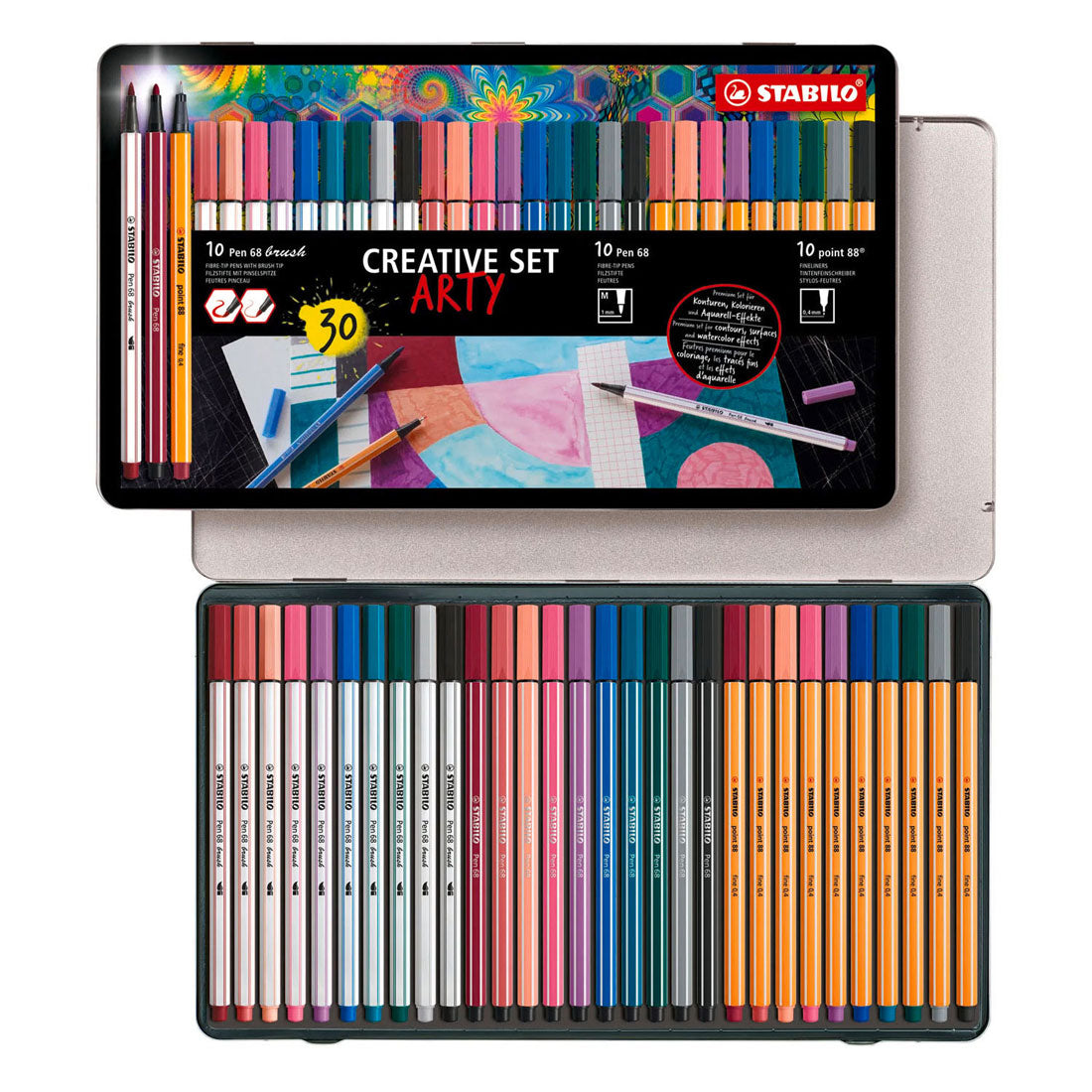 STABILO arty creative set pen 68 stiften en point 88 fineliners in metalen etui - 30dlg.