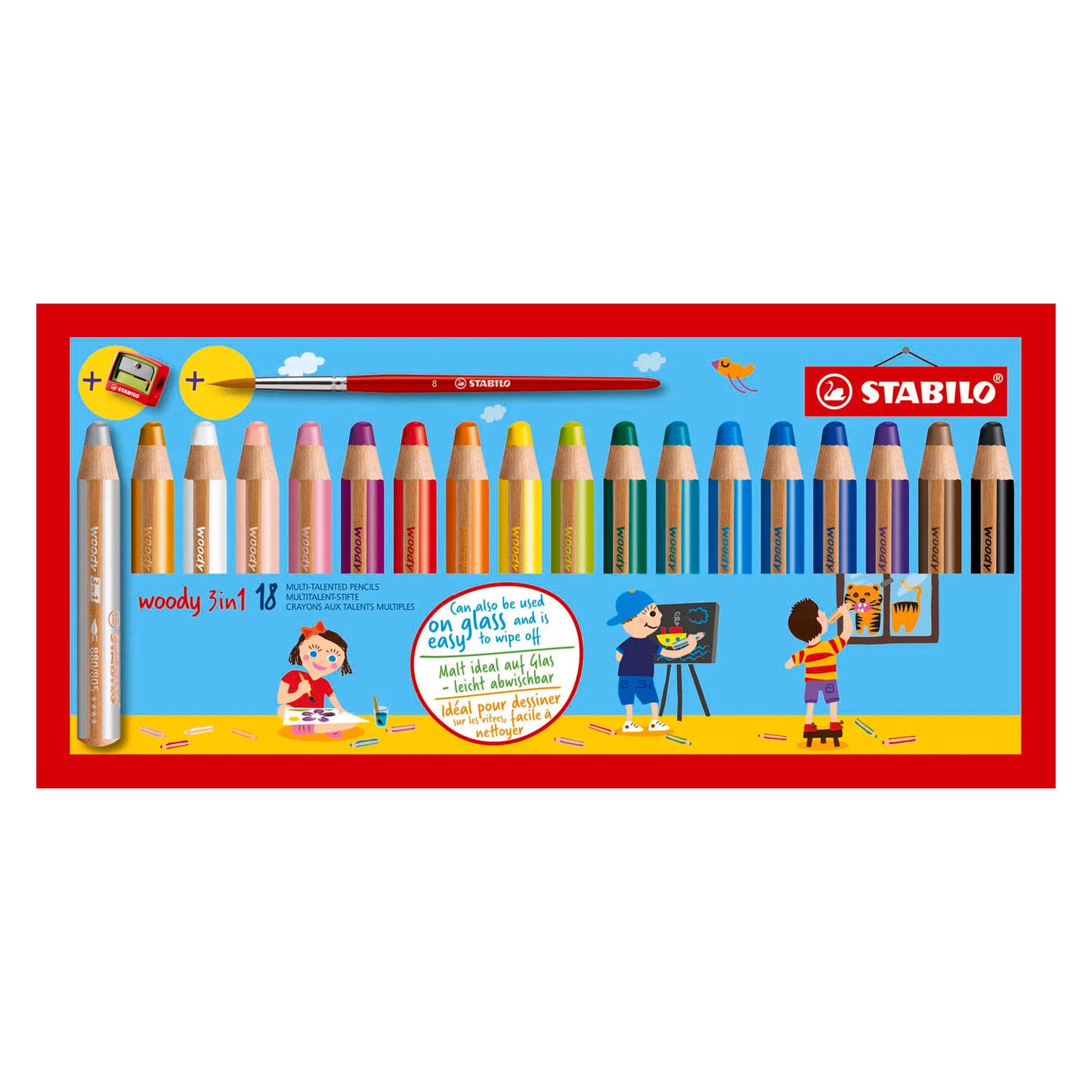 STABILO woody 3in1 multitalent potloden - 18dlg. met puntenslijper en penseel