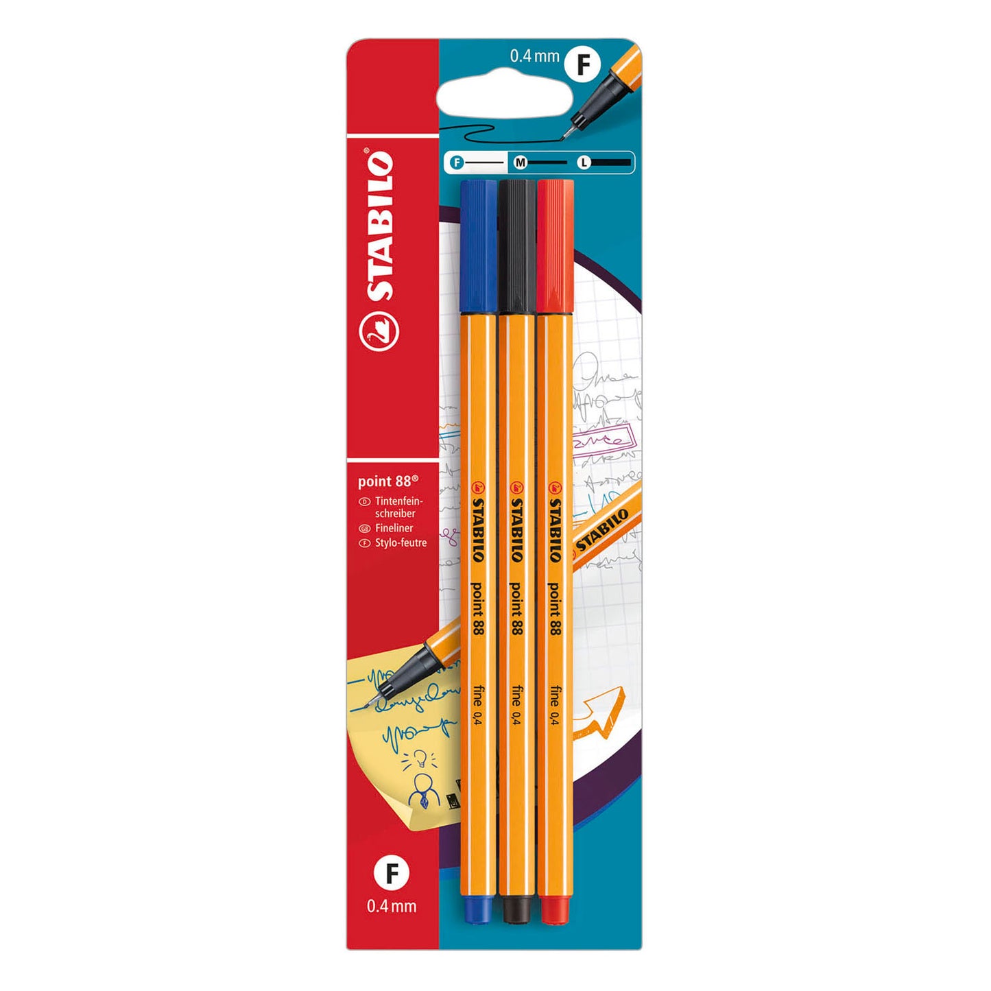 STABILO point 88 fineliners blauw rood zwart - 3dlg.