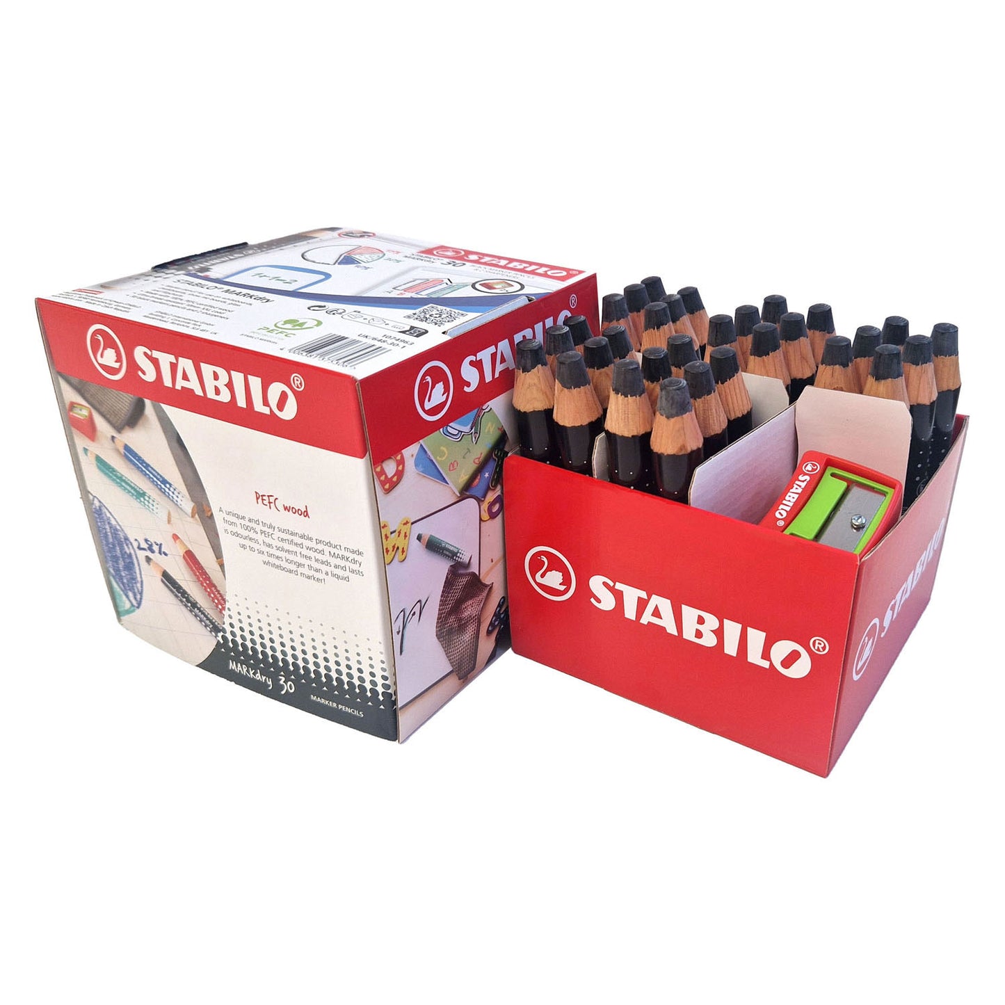 STABILO markdry schoolverpakking whiteboardpotloden zwart - 30st. met 2 puntenslijpers