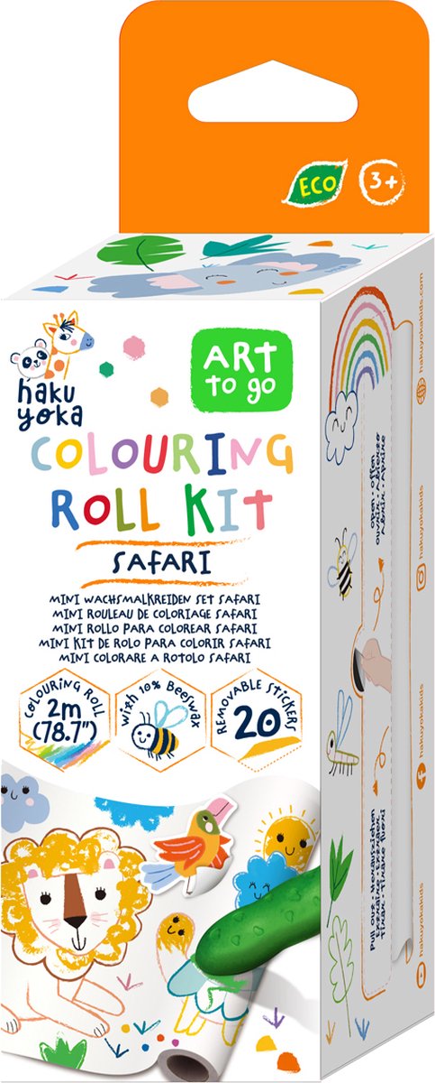 Haku Yoka : mini kleurrol kit safari 12x200cm, inclusief 4 krijtjes en stickers, afscheurbaar, in bijenwas (10%), in doos 6,2x6,2x19,6cm, 3+