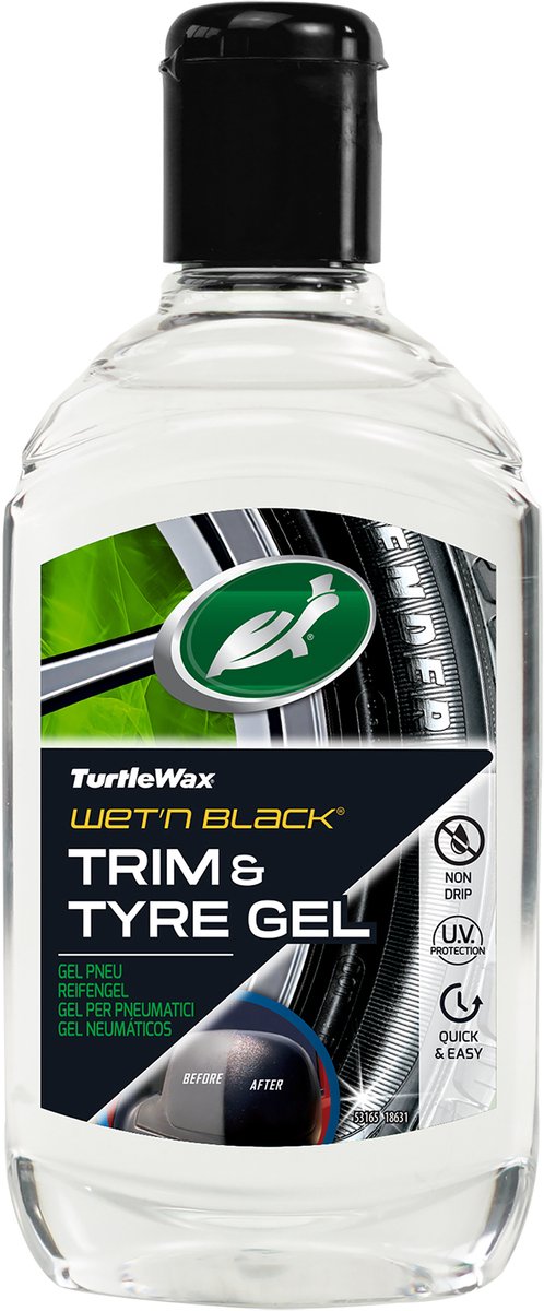 Turtle Wax wet n black tyre trim gel - laat een diepe zwarte glans achter op rubber kunststof - herstelt en zorgt voor een beschermend laag - bestand tegen degradatie - 300ml