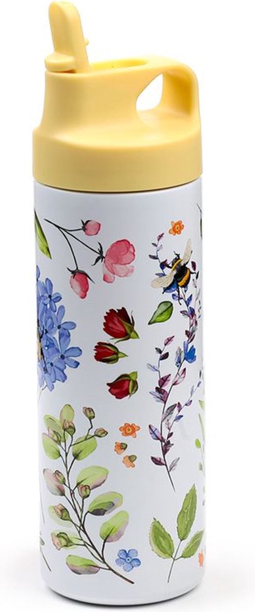Puckator Drinkfles thermosfles rvs - nectar meadow - bijen wildebloemen - wit lichtblauw - flip top - 500ml - 22.5x7x7cm