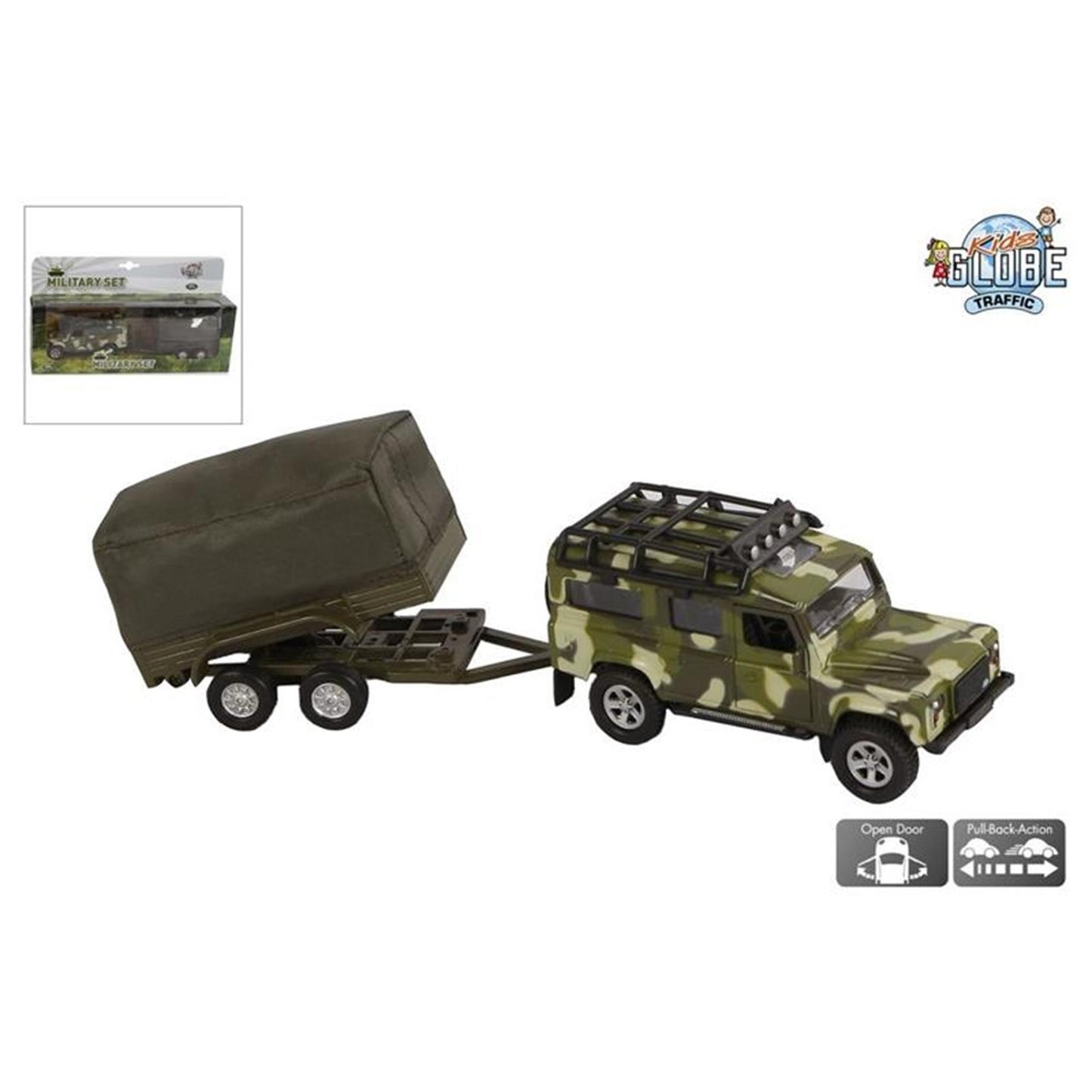 Kids Globe Land rover met aanhanger military