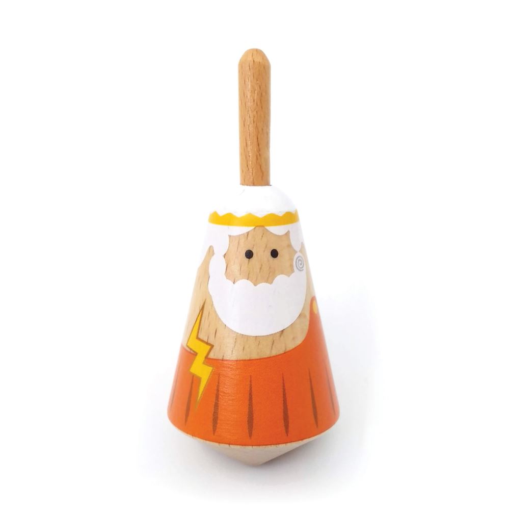 Griekse houten tol: Zeus. 3,5x3,5x8 cm.