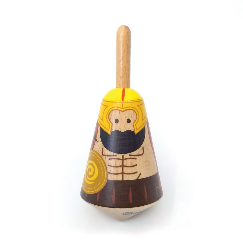 Griekse houten tol: Ares. 3,5x3,5x8 cm.