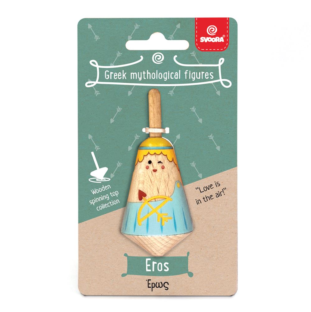 Griekse houten tol: Eros. 3,5x3,5x8 cm.