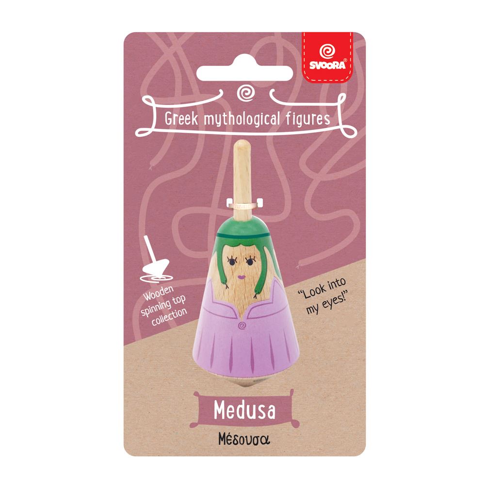 Griekse houten tol: Medusa 3,5x3,5x8 cm.
