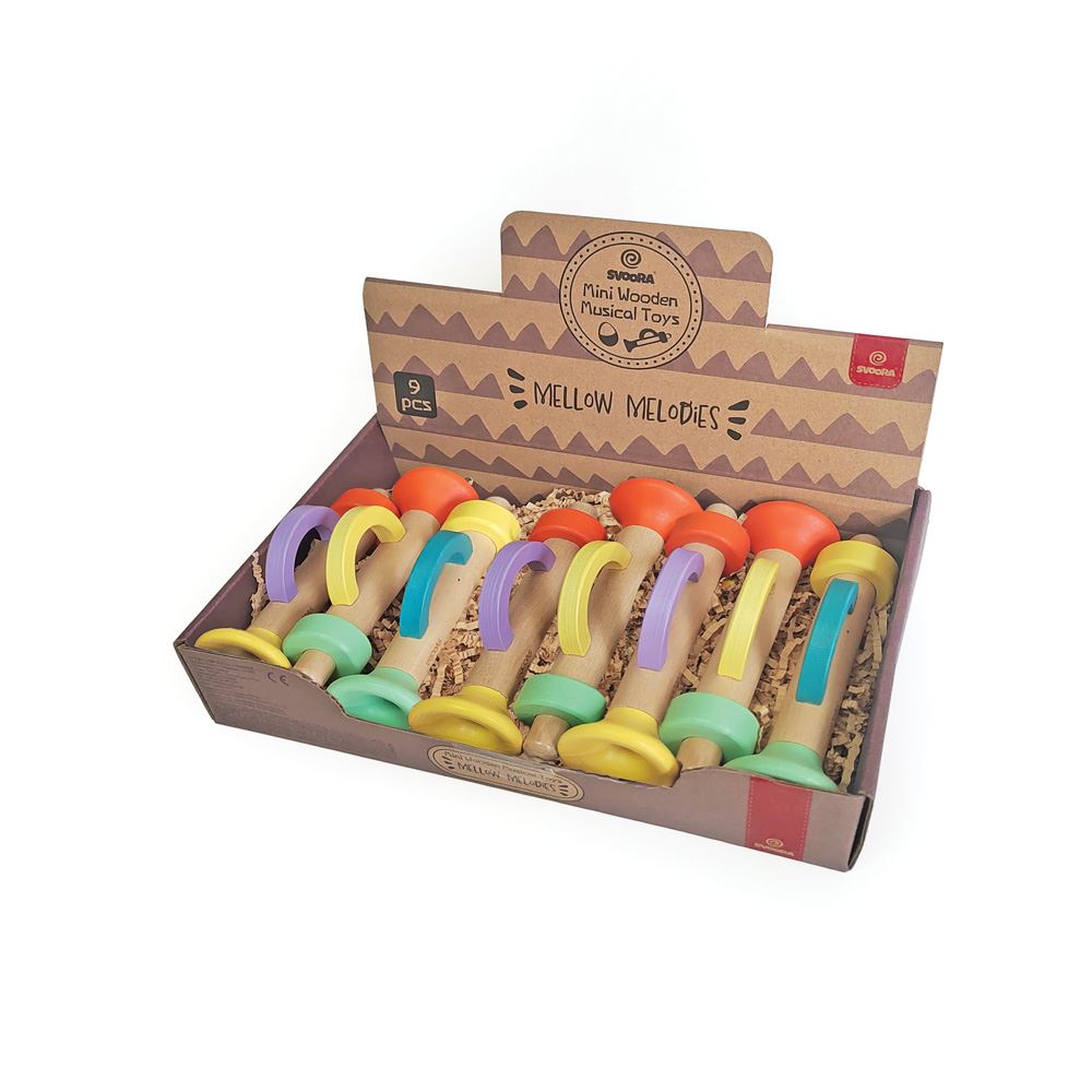 Dsp. Houten Trompet. 9 stuks in display