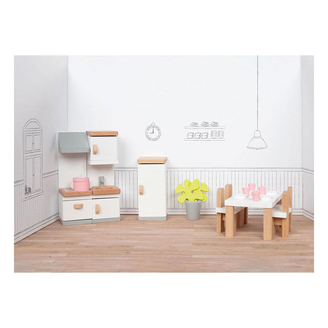 Goki Poppenhuismeubeltjes: design keuken, 20-delig, 10x6,5x5cm (tafel), beukenhout en stof, 3+
