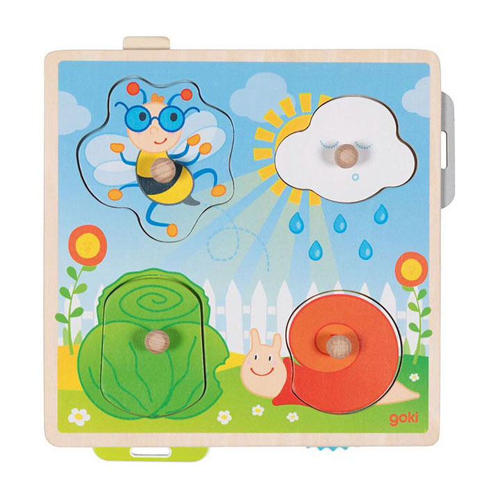 Goki Puzzel: in de tuin 21,8x22,5x2,8cm, 4-delig, met achtergrondafbeeldingen, hout, 1+