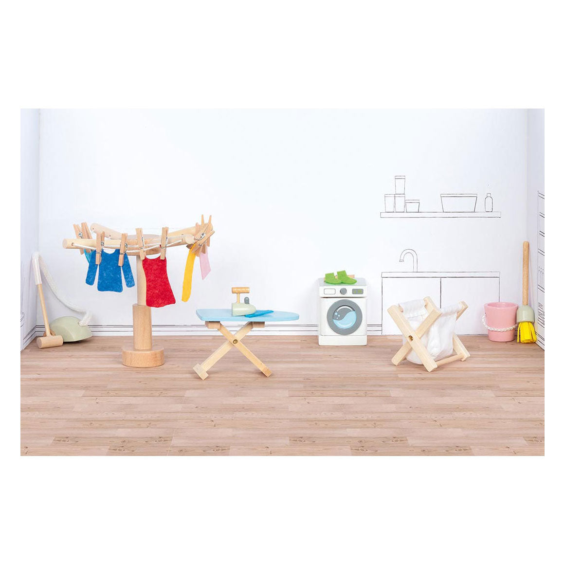 Goki Poppenhuistoebehoren: washoksaccessoires, 19-delig, wasmachine 4x4,5x5cm, hout en tekstiel, 3+
