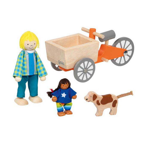 Goki poppenhuis houten bakfiets met kind en hond