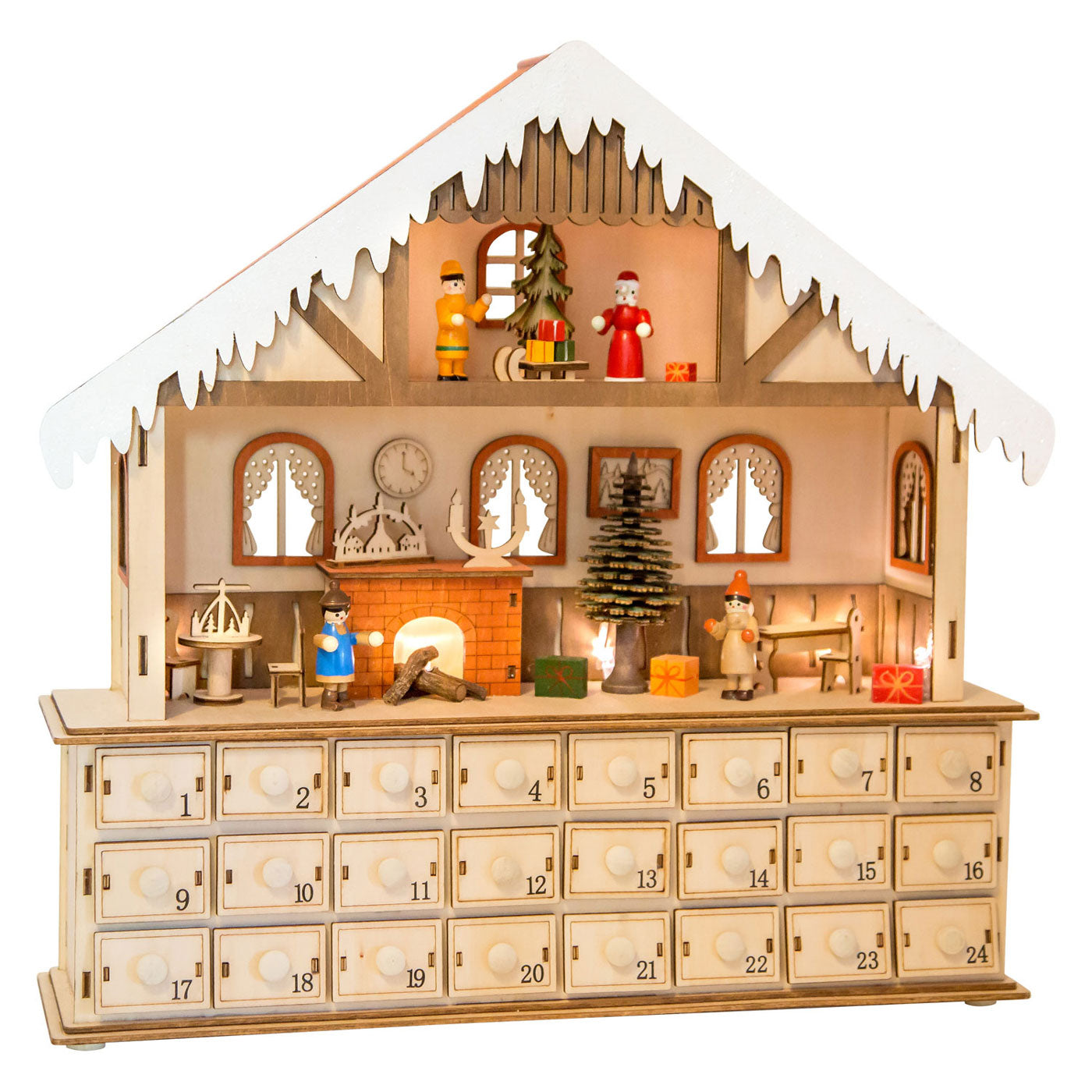 Small Foot - houten adventskalender woonkamer met lichtjes