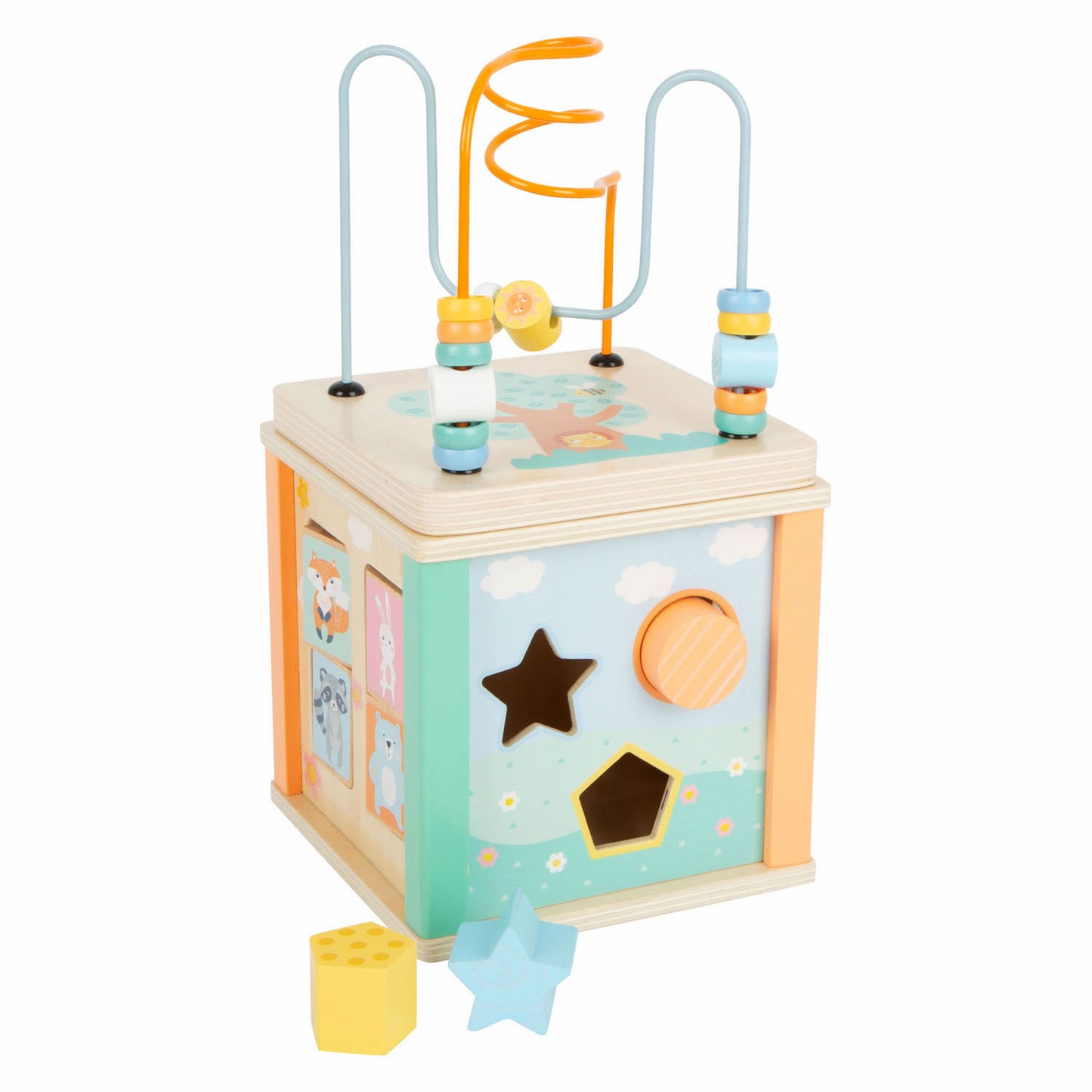Small Foot - houten activiteitenkubus en motoriekspiraal pastel