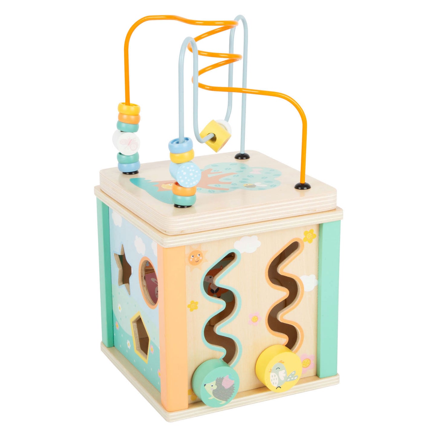 Small Foot - houten activiteitenkubus en motoriekspiraal pastel