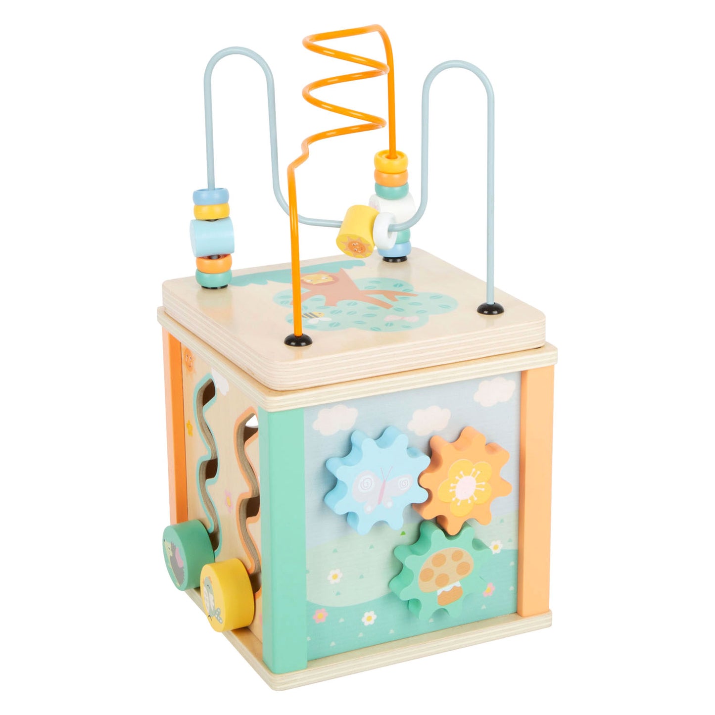 Small Foot - houten activiteitenkubus en motoriekspiraal pastel