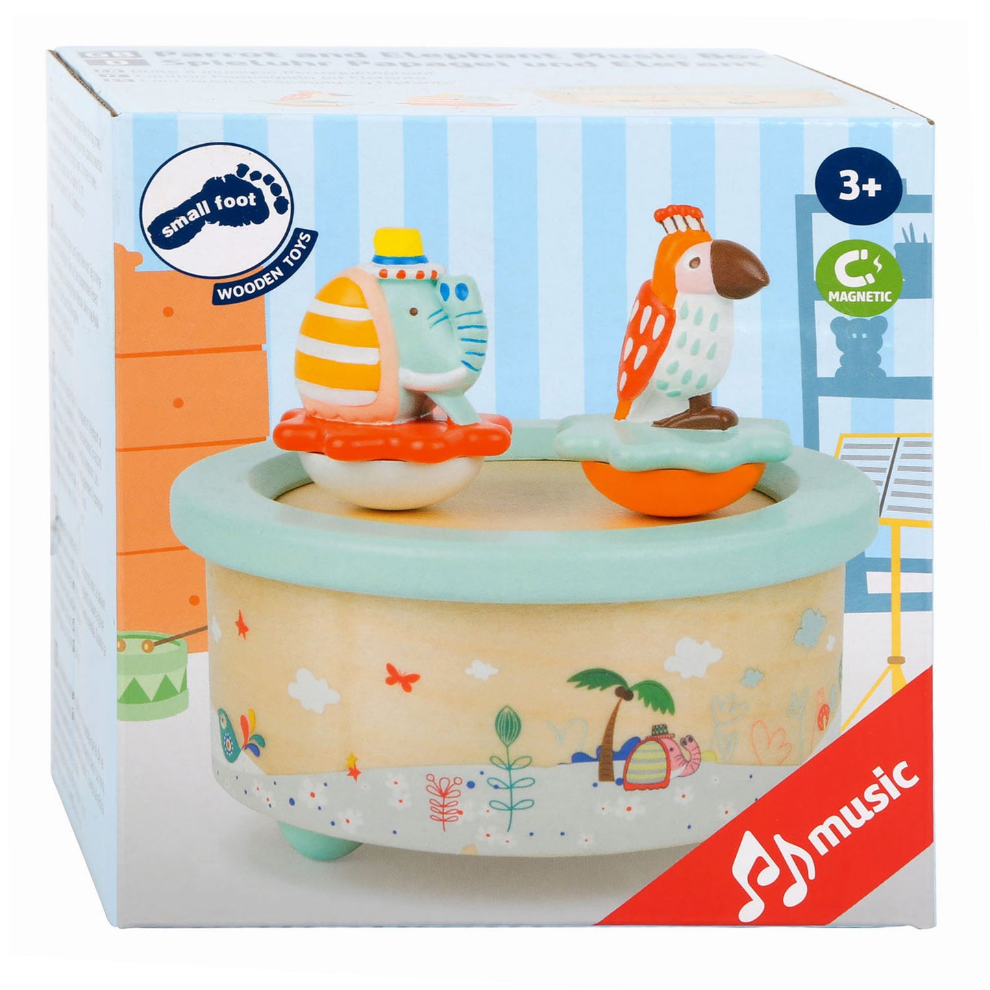 Small Foot - houten muziekdoos papegaai en olifant