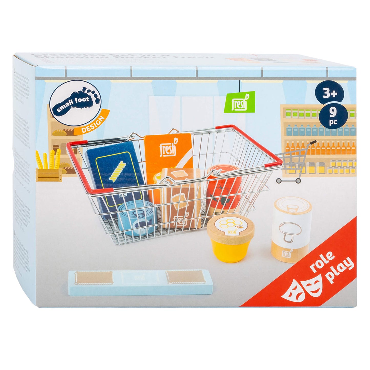Small Foot - houten speeleten in winkelmandje, 9dlg.