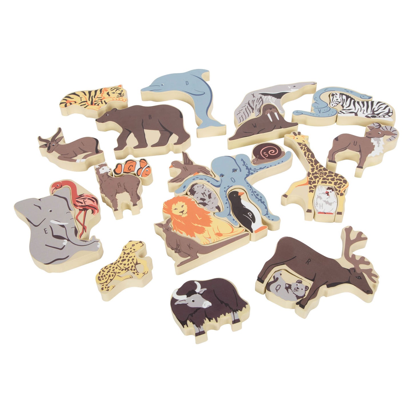 Small Foot - houten letter en vormenpuzzel dieren, 26st.