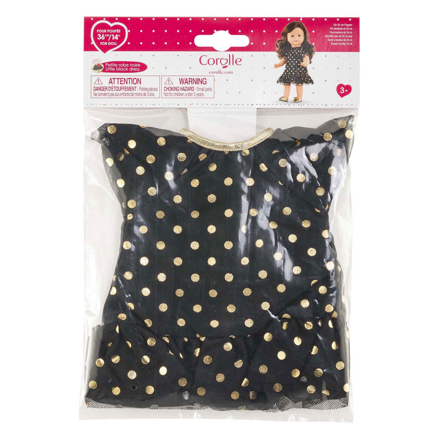 Corolle Ma zwarte popppenjurk met gouden stippen - 36cm