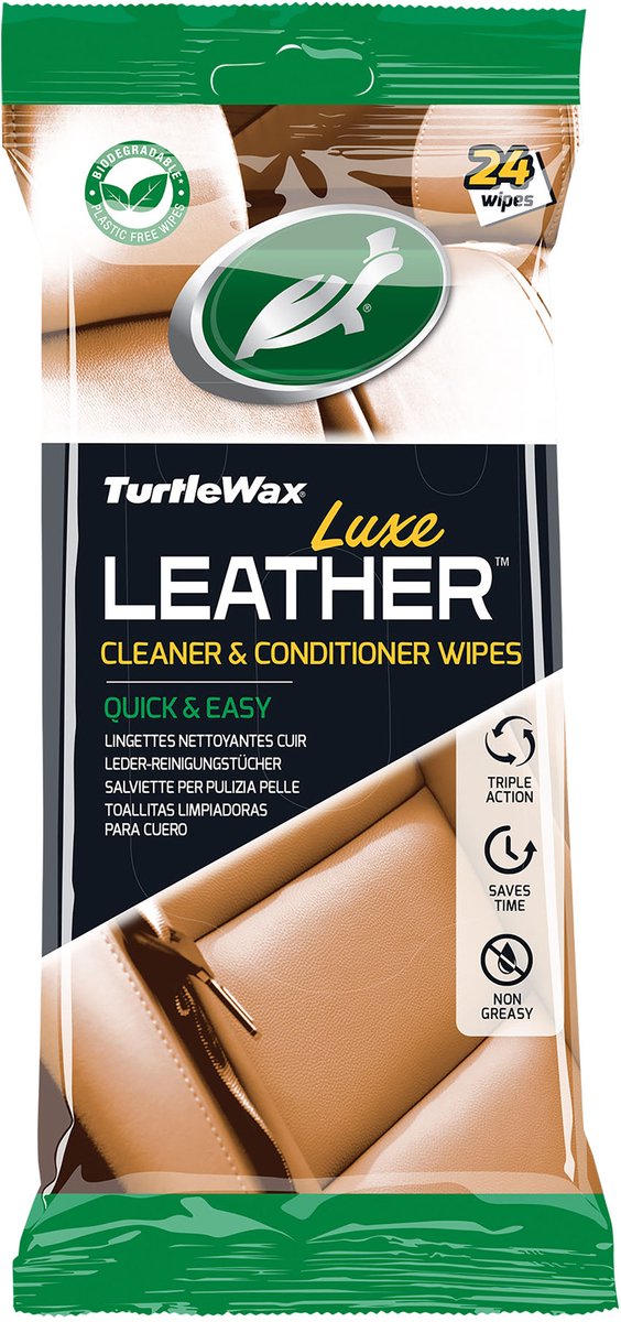 Turtle Wax luxe leather cleaner conditioner doekjes – voor alle leder, vinyl rubbers - voor het reinigen, conditioneren en beschermen – een natuurlijk mat eindresultaat - in hersluitbare verpakking - 24 doekjes