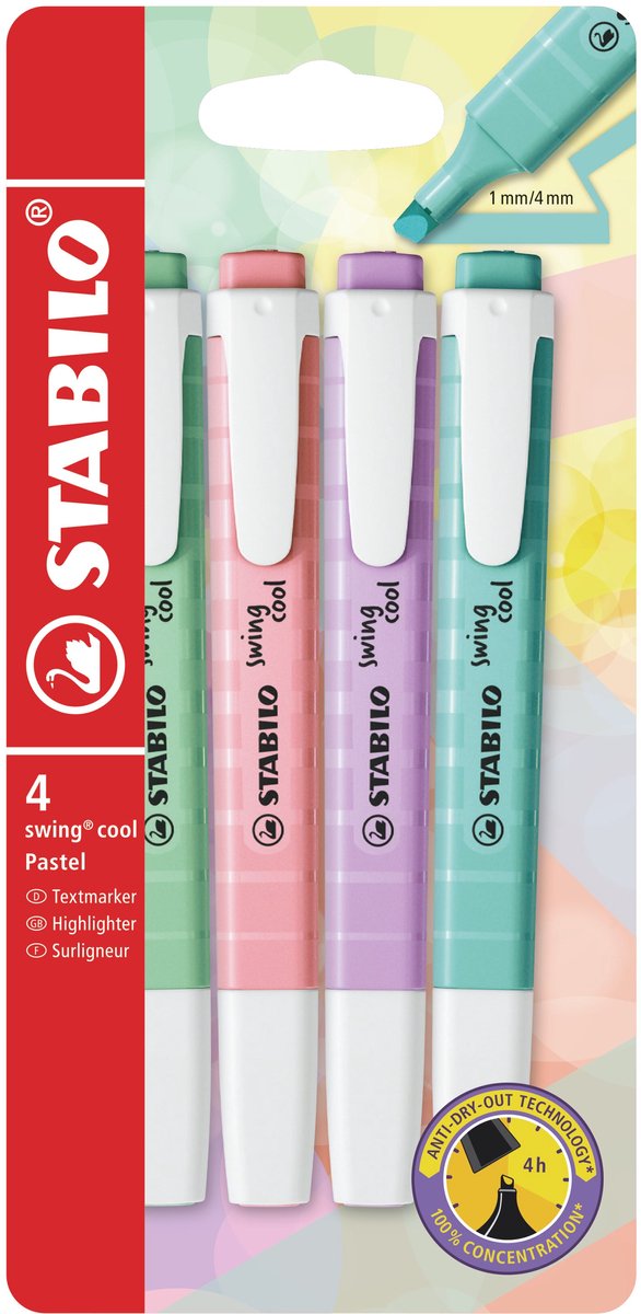 STABILO swing cool - markeerstift - perfect voor onderweg - pastel - etui met 4 kleuren