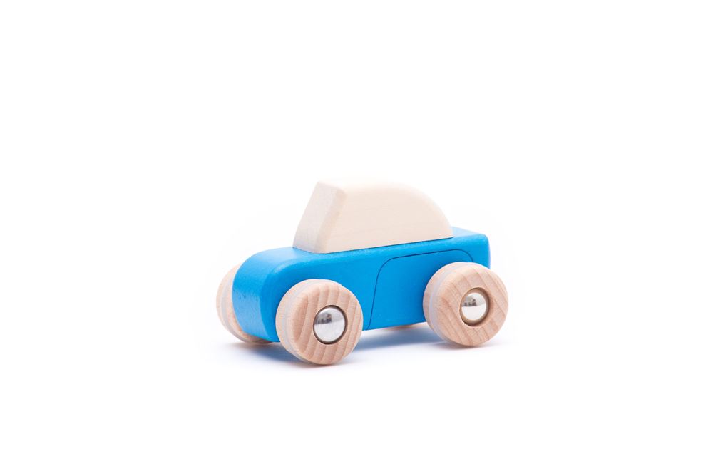 BAJO houten Pullback auto blauw. 8,7x5,7
