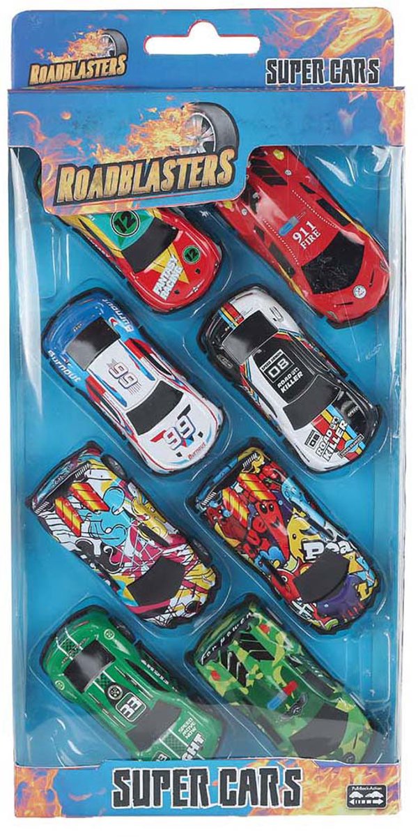Van Manen Veenendaal BV Roadblasters auto's die cast pull back 7,5cm, 8st.