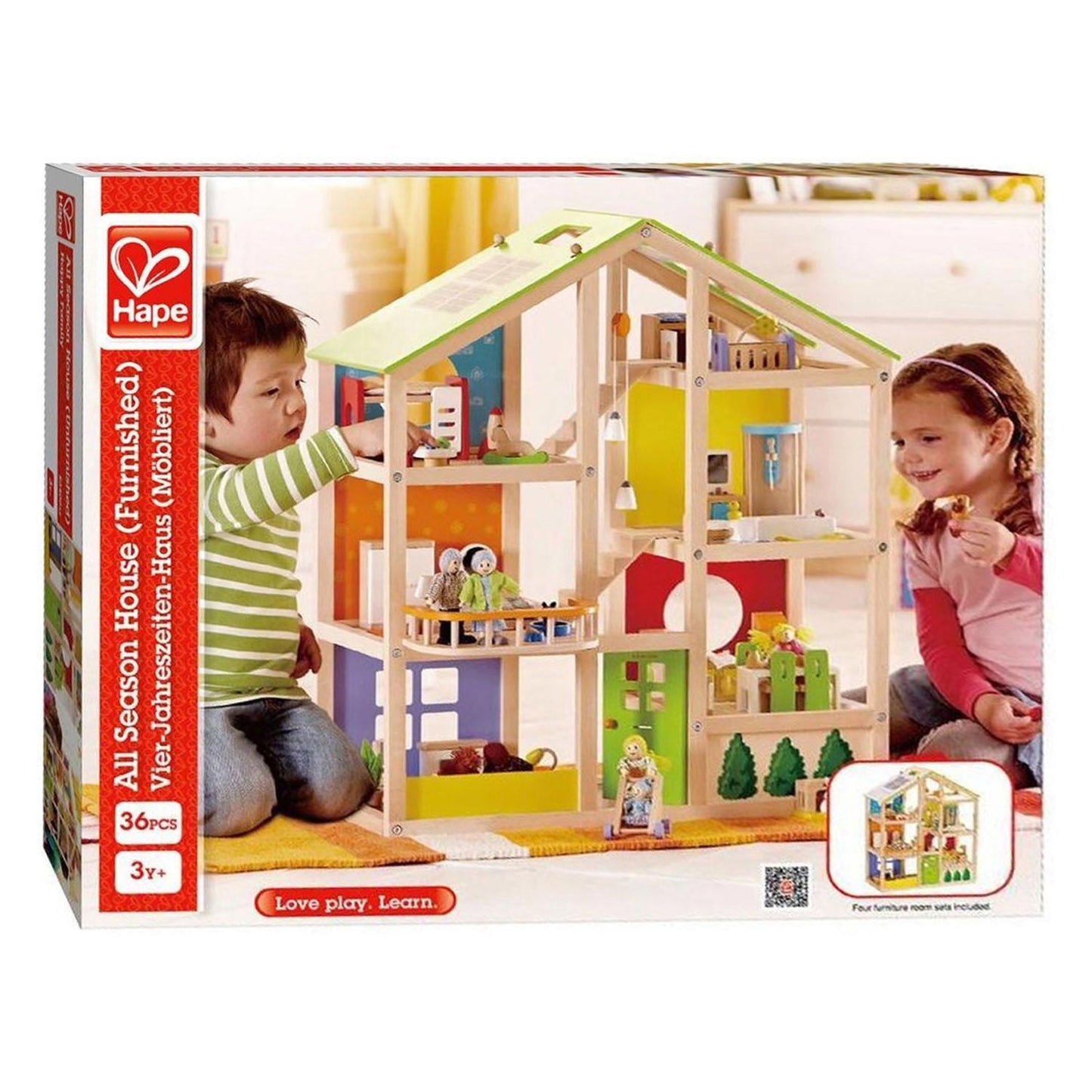 Hape houten 4 seizoenen poppenhuis met meubels