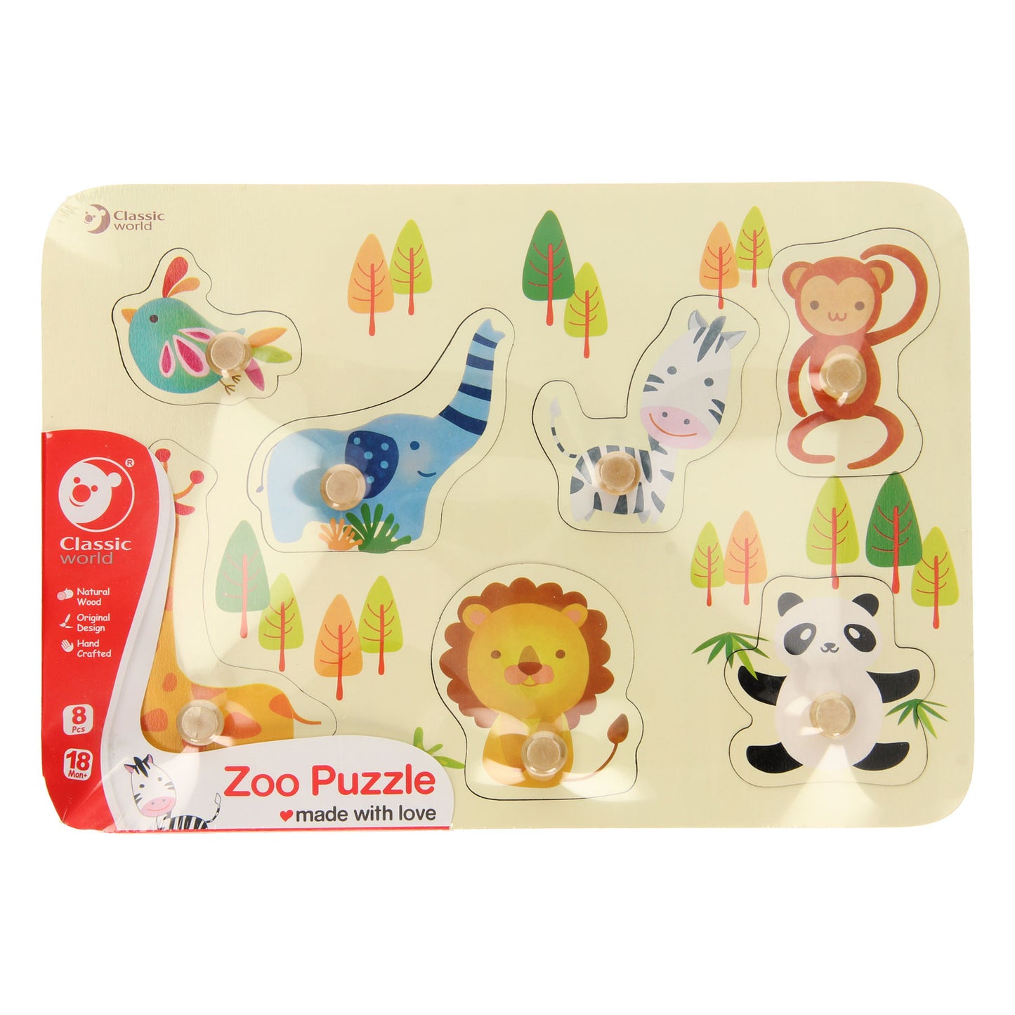 Classic World houten noppenpuzzel wilde dieren, 7st.