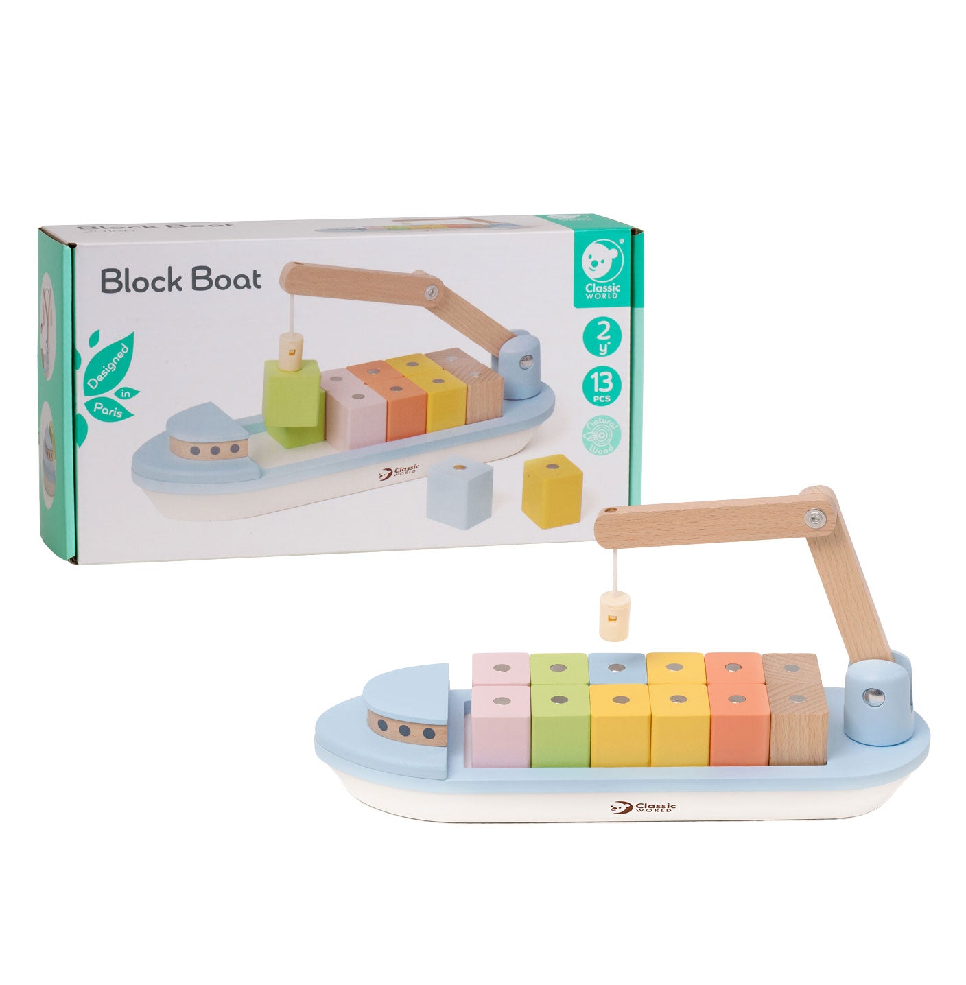 Classic World houten blokkenboot met kraan, 13dlg.