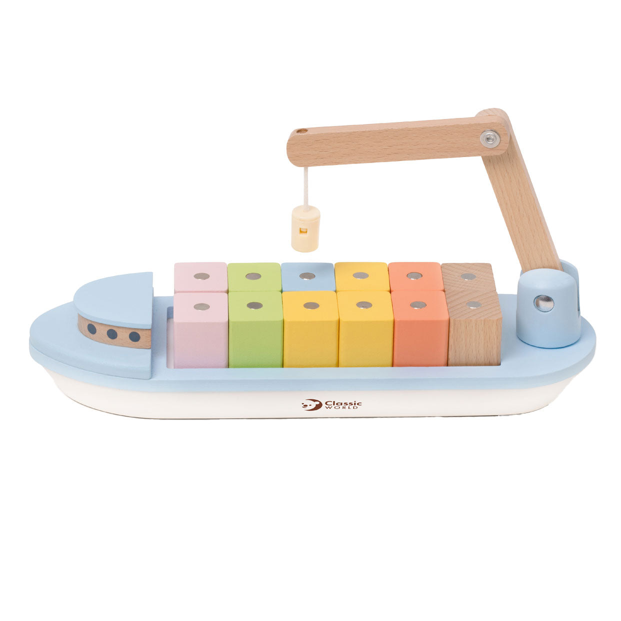Classic World houten blokkenboot met kraan, 13dlg.