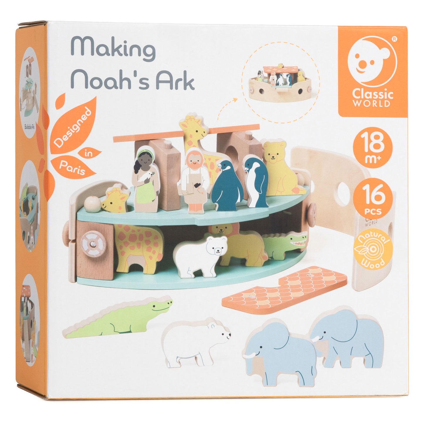 Classic World houten noah's ark boot bouwset met dieren, 16dlg.