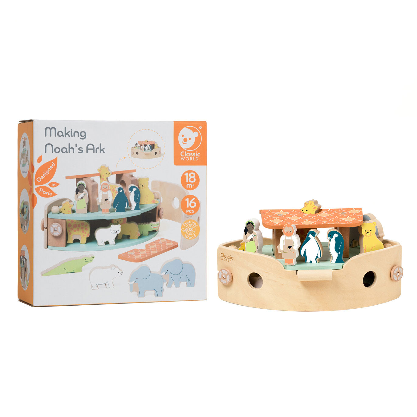 Classic World houten noah's ark boot bouwset met dieren, 16dlg.